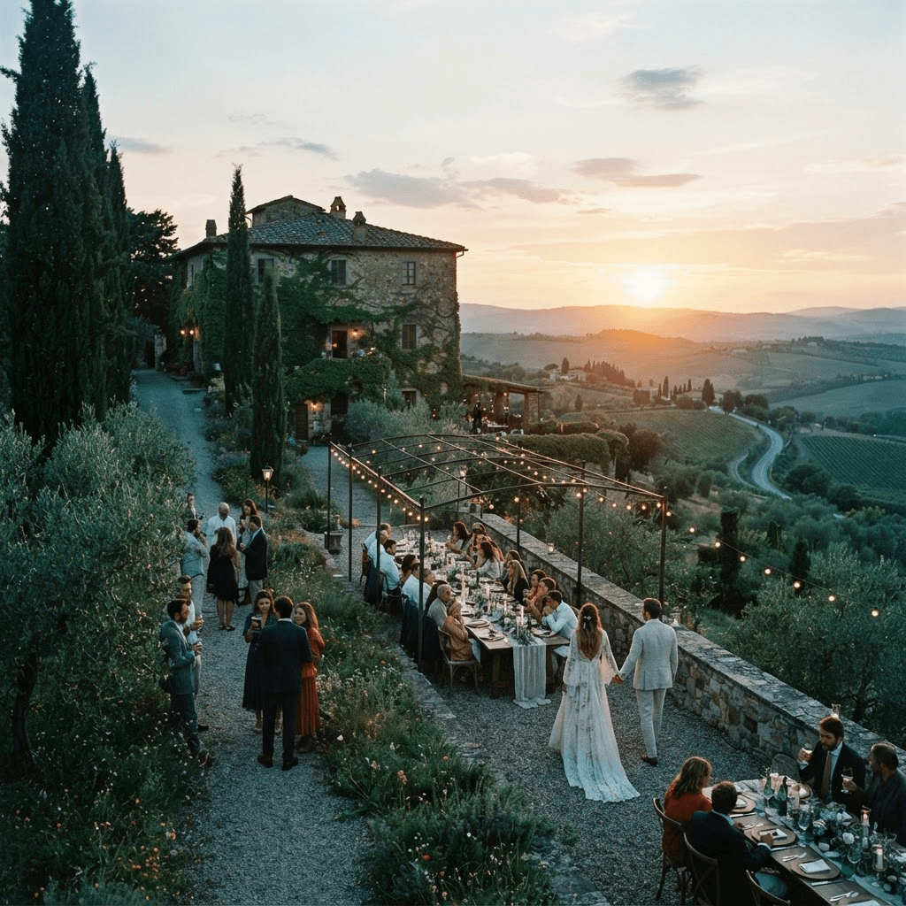 Trouwlocatie in Toscane bij zonsondergang
